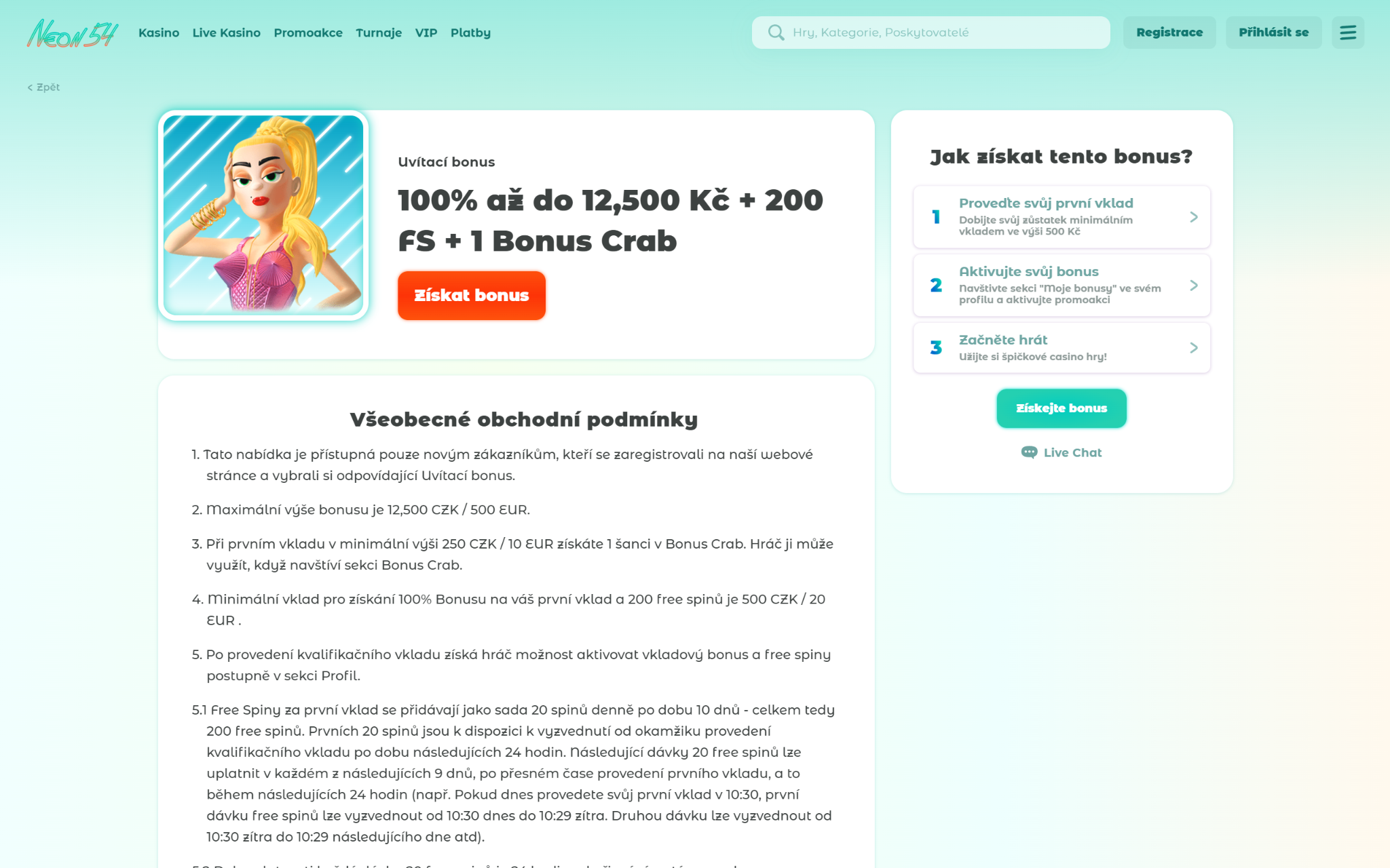 Uvítací bonus 100% až do 12 500 Kč + 200 FS + 1 Bonus Crab